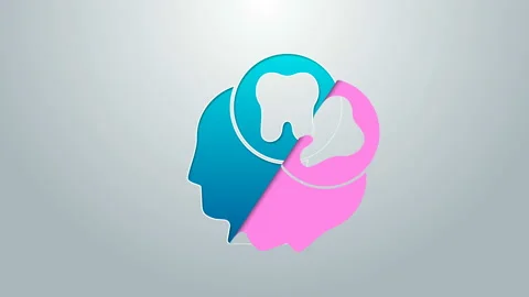 Blue line Human head with tooth icon isolated on grey background. Tooth symbol Stock Footage 145329902