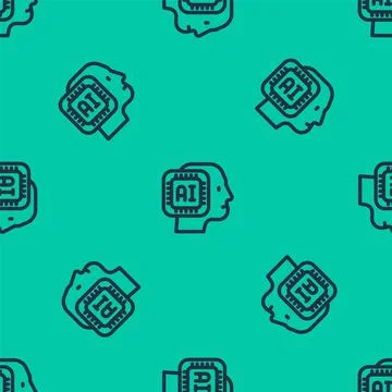 Blue line Humanoid robot icon isolated seamless pattern on green background Illustrazione stock