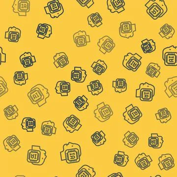 Blue line Humanoid robot icon isolated seamless pattern on yellow background Stock Illustration