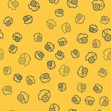 Blue line Humanoid robot icon isolated seamless pattern on yellow background. Stock Illustration