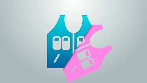 Blue line Hunting jacket icon isolated on grey background. Hunting vest. 4K Stock Footage 145297794