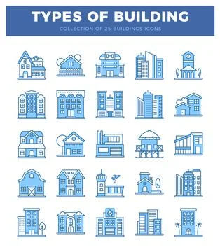 Blue line icon building types on white background Ilustración de archivo