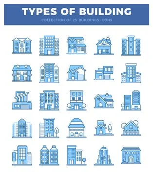 Blue line icon collection of various building types in a white grid backgroun Ilustración de archivo