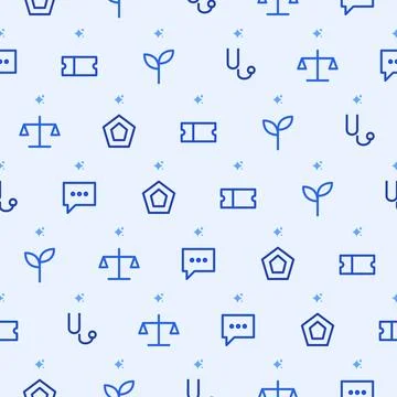 Blue line icon seamless pattern with scales of justice, stethoscope, sprout, Stock Illustration