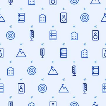 Blue line icon seamless pattern with server, building, mountain with flag, Stock Illustration