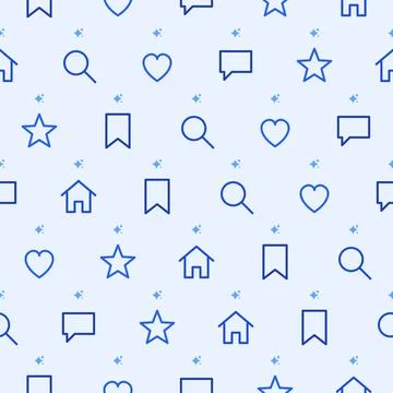 Blue line icon seamless pattern with home, heart, star, magnifier, bookmark and Stock Illustration
