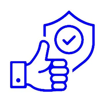 Blue Line Icon of Thumbs Up with Shield and Checkmark for Security Stock Illustration