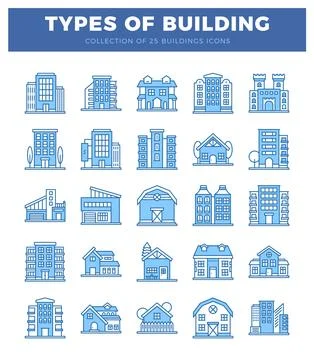 Blue line icon various building types including houses. apartments. office .. Ilustración de archivo