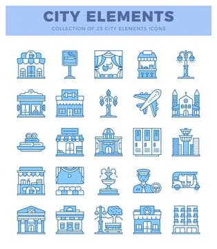Blue line icons of city elements in a grid Illustrazione stock