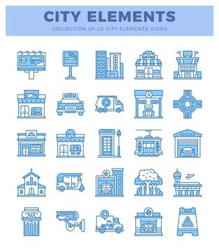 Blue line icons of city elements for urban design. Stock Illustration