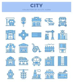 Blue line icons of city elements on a white background Illustrazione stock