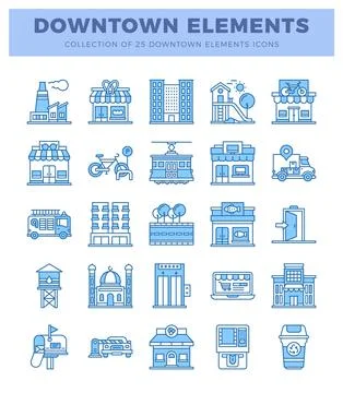 Blue line icons of downtown elements on white background 스톡 일러스트