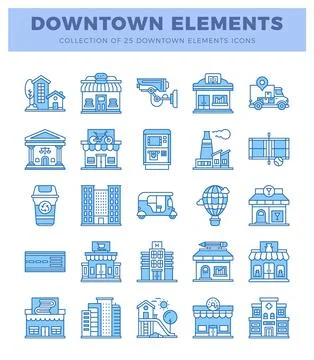 Blue line icons of downtown elements on white 스톡 일러스트