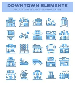 Blue line icons of downtown elements and buildings on white background Illustrazione stock
