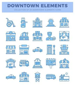 Blue line icons of downtown elements collection on white 스톡 일러스트