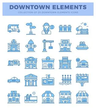 Blue line icons of downtown elements on white background Stock Illustration