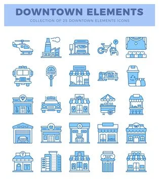Blue line icons of downtown elements on white background Illustrazione stock