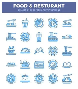 Blue line icons representing diverse food and restaurant items on a white b.. Stock Illustration