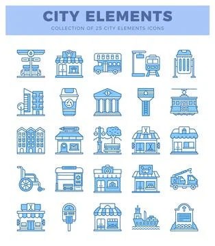 Blue line icons representing various city elements. presented against a whi.. 스톡 일러스트