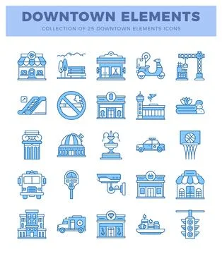 A blue line icons representing various downtown elements and city landmarks.. Stockillustratie