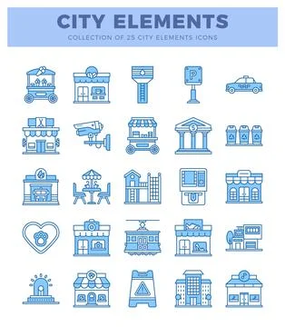 Blue line icons representing various city elements on a white background. Illustrazione stock