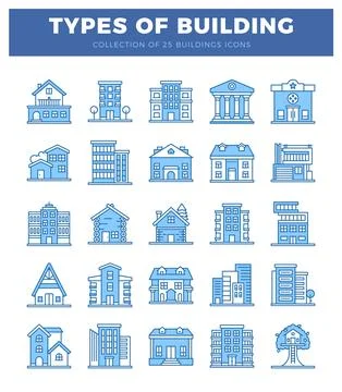 Blue line icons representing various building types Ilustración de archivo