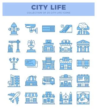 Blue line icons set representing city life. presented on a clean white back.. Ilustración de archivo