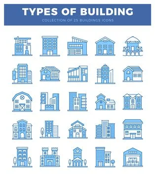 Blue line icons of various building types arranged in a grid on white backg.. Ilustração Stock