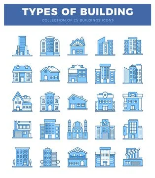 Blue line icons of various building types on a white background Ilustración de archivo