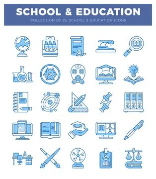 Blue line icons on a white background with SCHOOL and EDUCATION title Stock Illustration