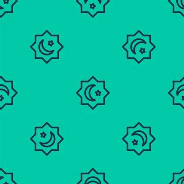 Blue line Islamic octagonal star ornament icon isolated seamless pattern on g Stock Illustration