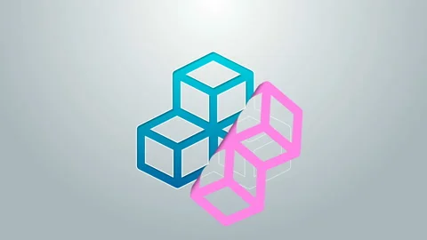 Blue line Isometric cube icon isolated on grey background. Geometric cubes solid Stock Footage 144955956