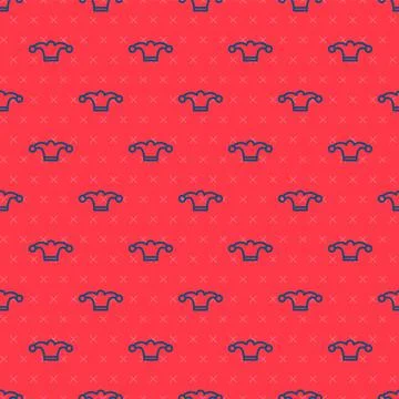 Blue line Jester hat with bells isolated seamless pattern on red background Stock Illustration