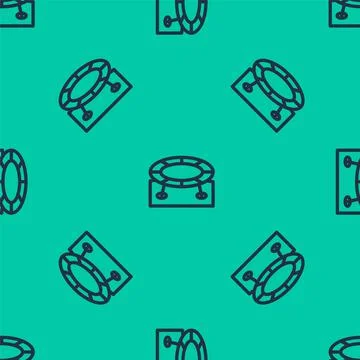Blue line Jumping trampoline icon isolated seamless pattern on green background Illustrazione stock