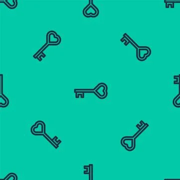 Blue line Key in heart shape icon isolated seamless pattern on green background 스톡 일러스트