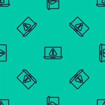 Blue line Laptop with exclamation mark icon isolated seamless pattern on green Stock Illustration