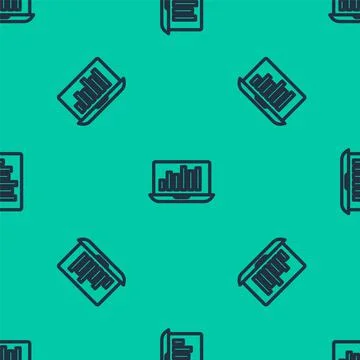 Blue line Laptop with graph chart icon isolated seamless pattern on green Illustrazione stock