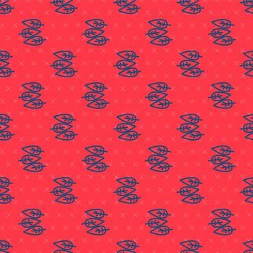 Blue line Leaf icon isolated seamless pattern on red background. Leaves sign 스톡 일러스트