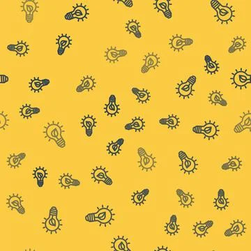 Blue line Light bulb with leaf icon isolated seamless pattern on yellow backg Stock Illustration