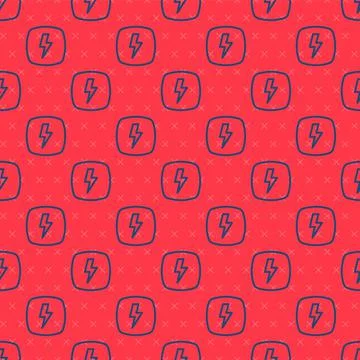 Blue line Lightning bolt icon isolated seamless pattern on red background. Flash Stock Illustration