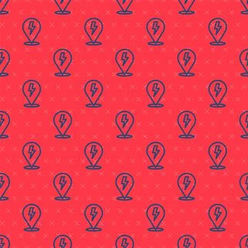 Blue line Lightning bolt icon isolated seamless pattern on red background. .. Stock Illustration
