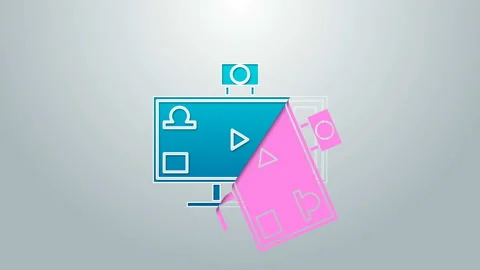 Blue line Live streaming online videogame play icon isolated on grey background Stock Footage 145107698
