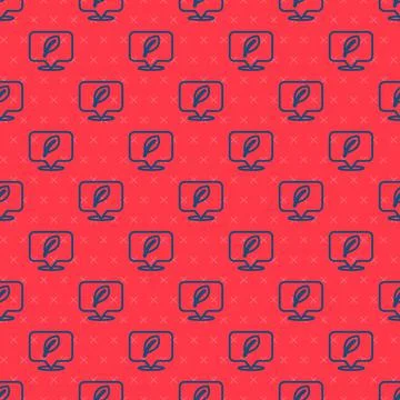 Blue line Location with leaf icon isolated seamless pattern on red background Stock Illustration