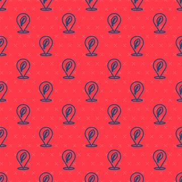 Blue line Location with leaf icon isolated seamless pattern on red background Stock Illustration