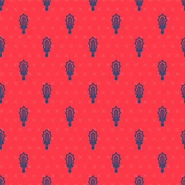Blue line Magic sword in fire icon isolated seamless pattern on red background Stock Illustration