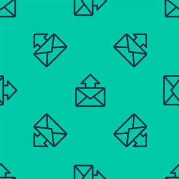 Blue line Mail and e-mail icon isolated seamless pattern on green background Stock Illustration