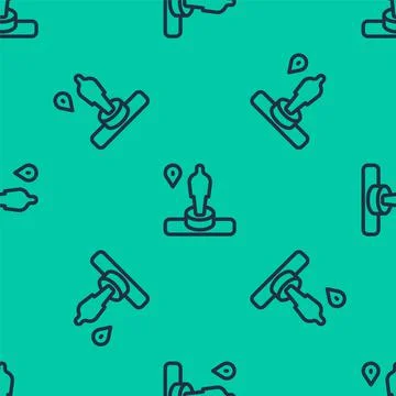 Blue line Map pin and monument icon isolated seamless pattern on green Illustrazione stock