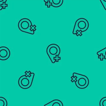 Blue line Map pin icon isolated seamless pattern on green background. Navigation Illustrazione stock