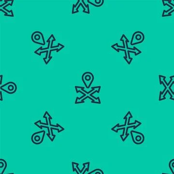 Blue line Map pin icon isolated seamless pattern on green background. Navig.. Stock Illustration