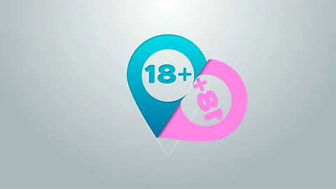 Blue line Map pointer with 18 plus icon isolated on grey background. Age 스톡 동영상 145033048